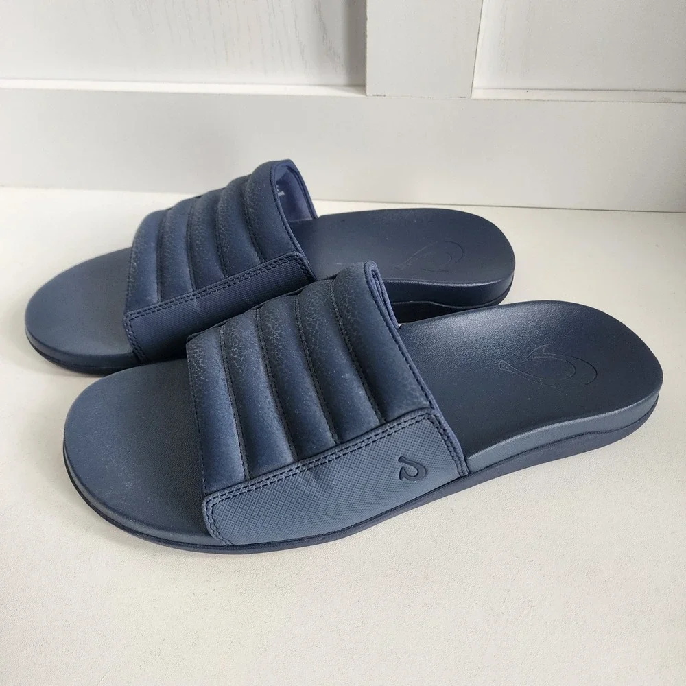 OluKai Maha Olu Mens Size 10 Slides Navy Blue Slides Sandals 10452-4848